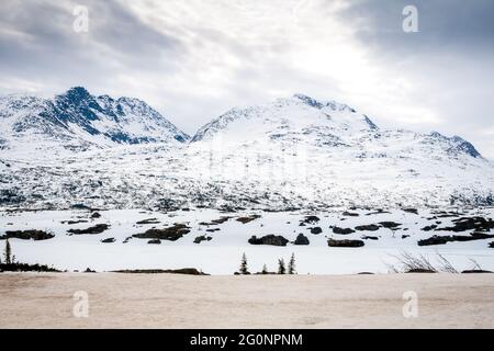 Panoramasicht auf schneebedeckte Berge vom Klondike Highway am Summit Lake, British Columbia, Kanada Stockfoto