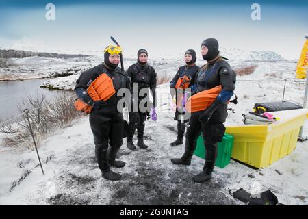 Silfra, Island-19. Feb 2020: Schnorchler bereiten sich auf das Eindringen in das Wasser am Silfra Rift vor, dem Ort, an dem sich eurasische und die amerikanische tektonische Platte befinden Stockfoto