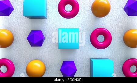 3D-Rendering von Kugel mit niedrigen Poly-Effekten und einfachen Würfeln. Minimalistische Ringe in trendigen Bewegung dynamischen Primitivismus. Lebendige Formen mit Highlights und kreativem Glo Stockfoto