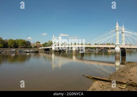 Albert Bridge von Battersea mit Blick über die Themse in Richtung Chelsea bei strahlendem Sonnenschein, Battersea, Greater London, England, Europa Stockfoto