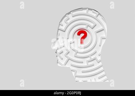 Menschliches kopfförmiges Labyrinth oder Labyrinth mit Fragezeichen in der Mitte über weißem Hintergrund, Verwirrung oder Lösungskonzept, 3D-Illustration Stockfoto