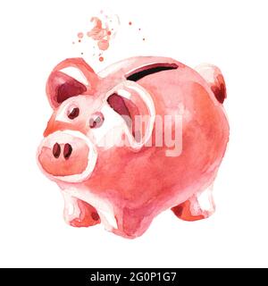 Rosa niedlichen Schwein Geldbox. Sparschwein. Aquarell handgezeichnete Illustration, isoliert auf weißem Hintergrund Stockfoto