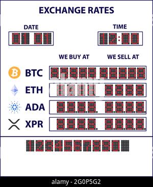 Elektronische Anzeigetafel für den Austausch der beliebtesten Kryptowährungen. Anzeigetafel mit den Raten Bitcoin, Ethereum, Cordana und Ripple mit c Stock Vektor