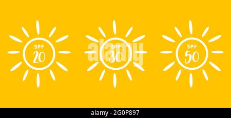 Handgezeichnete Abzeichen. Sonnenschutzkonzept. Spf 20, 30, 50. Vektorgrafiken auf weißem Hintergrund. Stock Vektor