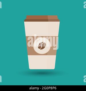Einweg-Kaffeetasse Symbol mit Kaffeebohnen-Logo, Vektor-Illustration flaches Design mit langen Schatten. Stock Vektor