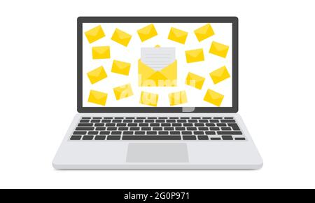 Spamming Mailbox Konzept, eine Menge E-Mails auf dem Bildschirm eines Monitors. Hacking von E-Mail-Boxen, Spam-Warnung. Vektorgrafik. Stock Vektor