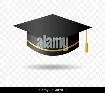 Abschlusskolleg, Gymnasium oder Universität Kappe isoliert auf transparentem Hintergrund. Vector schwarz 3d Grad Zeremonie Hut. Symbol für Schüler und Studenten Stock Vektor