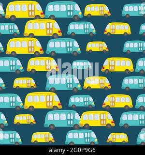 Nahtloses Muster mit niedlichen Bus, Auto auf blauem Hintergrund. Cartoot-Transport. Vektorgrafik. Doodle-Stil. Design für Baby Print, Einladung Stock Vektor