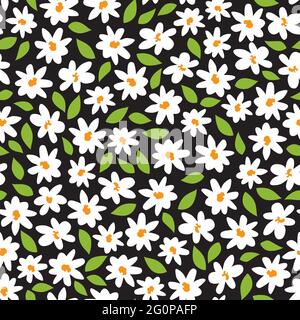 Vektor schwarz und weiß niedlichen Spaß Gänseblümchen Blumen mit grünen Blättern Wiederholung Muster mit orangefarbenen Zentrum. Geeignet für Textilien, Geschenkpapier und Tapeten. Stock Vektor