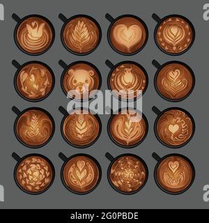 Handgezeichnete Vektordarstellung Kritzeleien von Tassen Kaffee mit Latte-Schaumstoff-Kunst, Draufsicht isoliert auf einem grauen Hintergrund. Stock Vektor