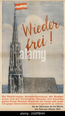 Ein Vintage-Plakat von 1945, auf dem die österreichische Flagge mit dem Text Free Again fliegt Stockfoto