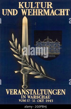 Ein altes Nazi-Propagandaplakat für kulturelle und militärische Ereignisse in Warschau 1943 Stockfoto