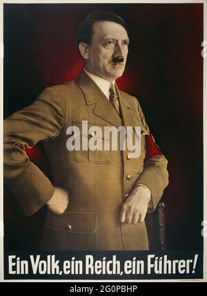 Ein altes Nazi-Propagandaplakat mit einem Porträt Hitlers und dem Slogan ein Volk, ein Staat, ein Führer Stockfoto