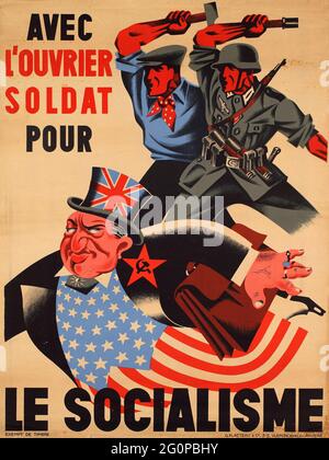 Ein altes Nazi-Propagandaplakat aus Belgien, das einen Bauern und Soldaten zeigt, die zusammen kämpfen, und einen fetten Geschäftsmann aus Großbritannien und den USA, der auf der Flucht ist Stockfoto