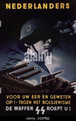 Ein altes Nazi-Rekrutierungsplakat für die niederländische Division der Waffen-SS, die Stockfoto