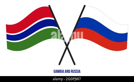 Gambia und Russland Flaggen gekreuzt und winken Flat Style. Offizieller Anteil. Korrekte Farben. Stock Vektor