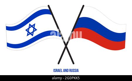 Israel und Russland Flaggen gekreuzt und winken Flat Style. Offizieller Anteil. Korrekte Farben. Stock Vektor