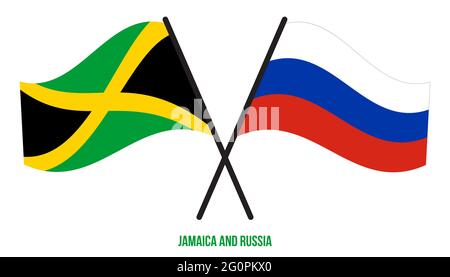 Jamaika und Russland Flaggen gekreuzt und winken Flat Style. Offizieller Anteil. Korrekte Farben. Stock Vektor
