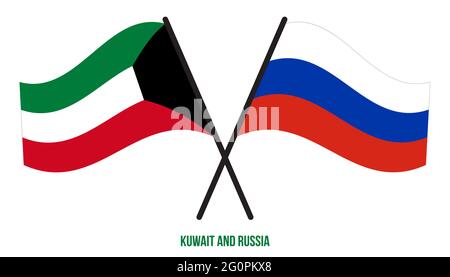 Kuwait und Russland Flaggen gekreuzt und winken Flat Style. Offizieller Anteil. Korrekte Farben. Stock Vektor
