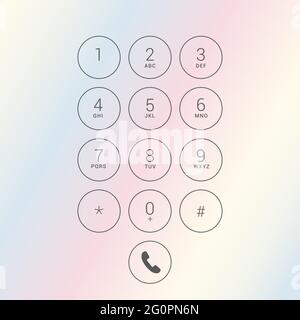 Flache Design-Abbildung der Wähltastatur Touchscreen-Mobiltelefon mit Buchstaben und Zahlen. Transparente runde Tasten - Vektor Stock Vektor