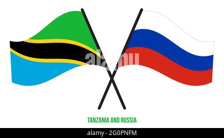 Tansania und Russland Flaggen gekreuzt und winken Flat Style. Offizieller Anteil. Korrekte Farben. Stock Vektor