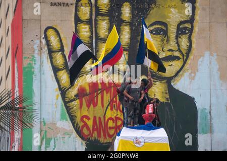 Bogota, 2. Juni 2021: Demonstranten und indigene Frauen der Misak-Gemeinde protestieren in Bogota in der fünften Woche der Proteste gegen die Regierung Kolumbiens.Quelle: Daniel Garzon Herazo/ZUMA Wire/Alamy Live News Stockfoto