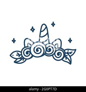 Einhorn Kranz mit Rosen. Glänzendes Horn, Blumen und Ohren. Vektorgrafik im Doodle-Stil Stock Vektor