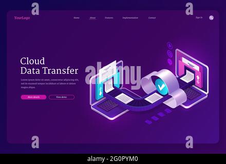 Cloud-Datentransfer-Banner. Online-Technologien für den Austausch von Dateien und Dokumenten zwischen Computern, digitalen Archiven und Datenbanken. Vektor Landing Page mit isometrischen Laptops mit Ordnern und Dateien Stock Vektor