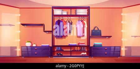 Moderner begehbarer Kleiderschrank mit Herrenbekleidung und Schuhen auf Regalen, Kleiderbügeln mit Hemden und Mänteln. Vector Cartoon Innenraum der leeren Garderobe für Bekleidungsaufbewahrung und Dressing mit großen Spiegeln Stock Vektor