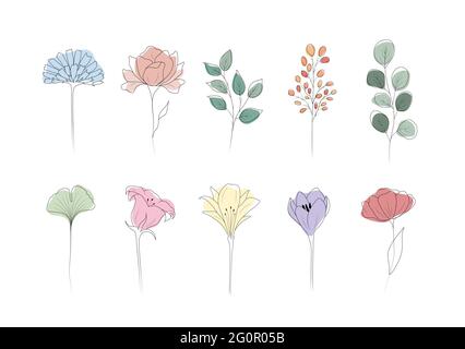 Sammlung von linearen Blumen. Abstraktes minimalistisches Design für Logo, Hochzeitseinladungen, Postkarten, Textilien. Moderne Vektorgrafik Stock Vektor
