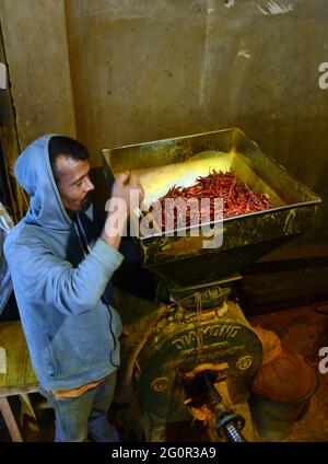 Rote Chilischoten auf dem Gewürzmarkt am Karwan Bazar in Dhaka, Bangladesch. Stockfoto