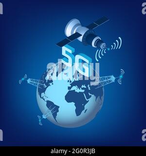 5G LTE-Technologie für Hochgeschwindigkeitsdatenübertragung mit isometrischem Satelliten, der über den Planeten Erde fliegt und hohen Sendetürmen. Designelement. Stockfoto