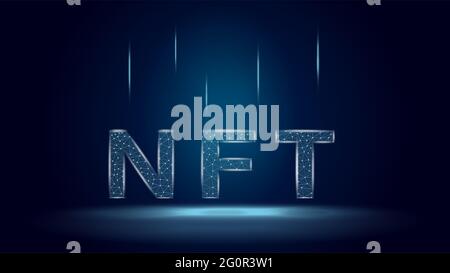 Nicht fungible NFT-Token im polygonalen Drahtmodell-Stil auf dunkelblauem Hintergrund. Zahlen Sie für einzigartige Sammlerstücke in Spielen oder Kunst Stockfoto