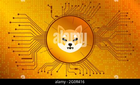 Shiba Inu SHIB Kryptowährung Token Symbol des DEBI-Projekts im Kreis mit Leiterplattenspuren auf goldenem Hintergrund. Währungssymbol. Stockfoto