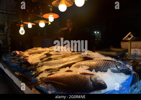 Ein Indoor-Fischmarkt auf dem Karwan Bazar Markt in Dhaka, Bangladesch. Stockfoto