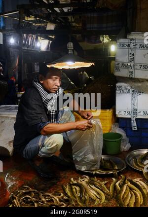 Ein Indoor-Fischmarkt auf dem Karwan Bazar Markt in Dhaka, Bangladesch. Stockfoto