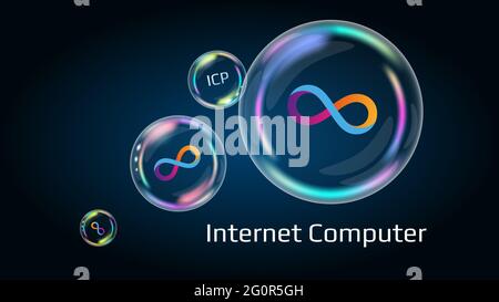 Dfinity Internet Computer ICP-Token-Symbol in Seifenblase. Die Finanzpyramide wird bald platzen und zerstört. Stockfoto