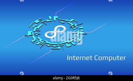 Dfinity Internet Computer ICP isometrisches Token-Symbol im digitalen Kreis auf blauem Hintergrund. Kryptowährungssymbol für Banner oder Nachrichten. Stockfoto