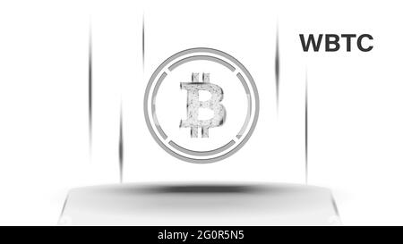 Eingewickeltes Bitcoin WBTC-Token-Symbol des Defi-Systems über dem Sockel. Logo-Symbol für Kryptowährung. Dezentrale Finanzierungsprogramme. Stockfoto