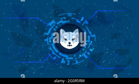 Shiba Inu SHIB-Token-Symbol des DEBI-Projekts in einem digitalen Kreis mit einem Kryptowährungsthema auf blauem Hintergrund. Kryptowährung-Symbol. Stockfoto