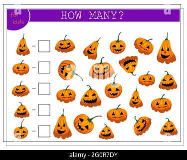 Mathe-Spiel für Kinder zählen, wie viele von ihnen, Kürbisse, Halloween. vektor isoliert auf einem weißen Hintergrund Stock Vektor