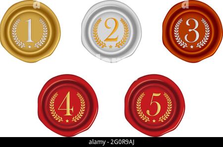 Siegelwachs Stempel Vektor Illustration Set ( Anzahl, Ranking ) von 1. Bis 5. (Gold, Silber, Bronze, Rot ) Stock Vektor