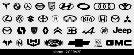 Vinnytsia, Ukraine - 30. Mai 2021: Sammlung von Logos von Automarken. Tesla, bmw, volkswagen, mercedes, mazda und mehr. Redaktionelle Vektorsymbole isoliert o Stock Vektor