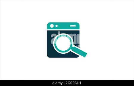 Waschmaschine und Vergrößerungssymbol oder auf der Suche nach einer Grafik mit Waschmaschinenlogo Stock Vektor