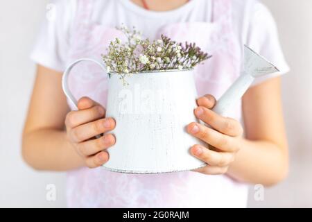 Weinlese-weiße Gießkanne mit Gypsophila-Blüten in der Hand aus nächster Nähe. Stockfoto