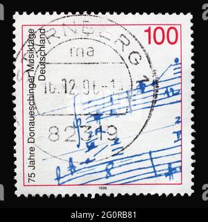 Eine in Deutschland gedruckte Briefmarke zeigt Autograph von Michael Bach Nachtisch, 75. Jahrestag des Donaueschingen Musikfestivals, um 1996 Stockfoto