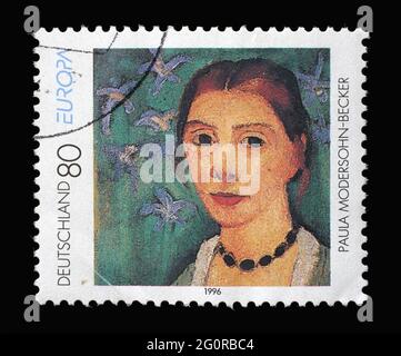 Eine in Deutschland gedruckte Briefmarke zeigt Selbstportrait, von Paula Modersohn-Becker (1876-1907), um 1996 Stockfoto
