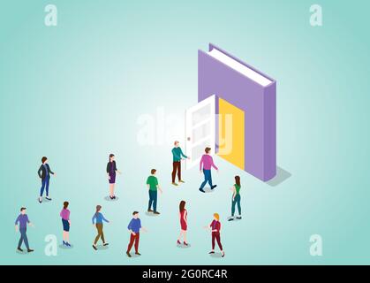 Offenes Wissenskonzept mit Menschen und Büchern und Tür mit moderner flacher Vektorgrafik im isometrischen Stil Stockfoto