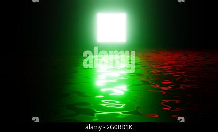 Ein LEUCHTENDER, GRÜNER 3D-WÜRFEL UND EIN REFLEKTIERENDER BODEN, 3d-Illustration, 3d-Rendering, Stockfoto