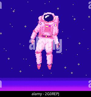 Pixel Art Astronaut. Spaceman 8-Bit-Objekte. Weltraumkunst, digitale Ikonen. kosmonauten auf dem Mond. Retro-Elemente. Vintage-Spielstil. Zeichensatz Stock Vektor